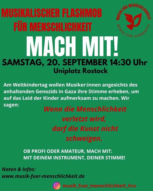 Flashmob für die Kinder in Gaza – Musik für Menschlichkeit Rostock am 20. September auf dem Rostocker Uniplatz