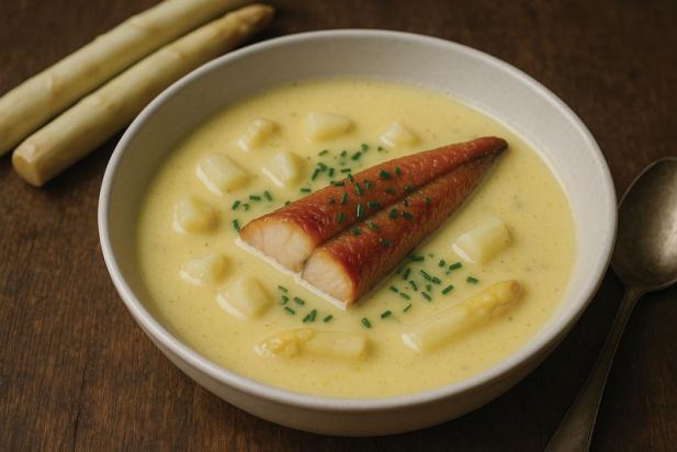 Spargelcremesuppe mit Räucheraal